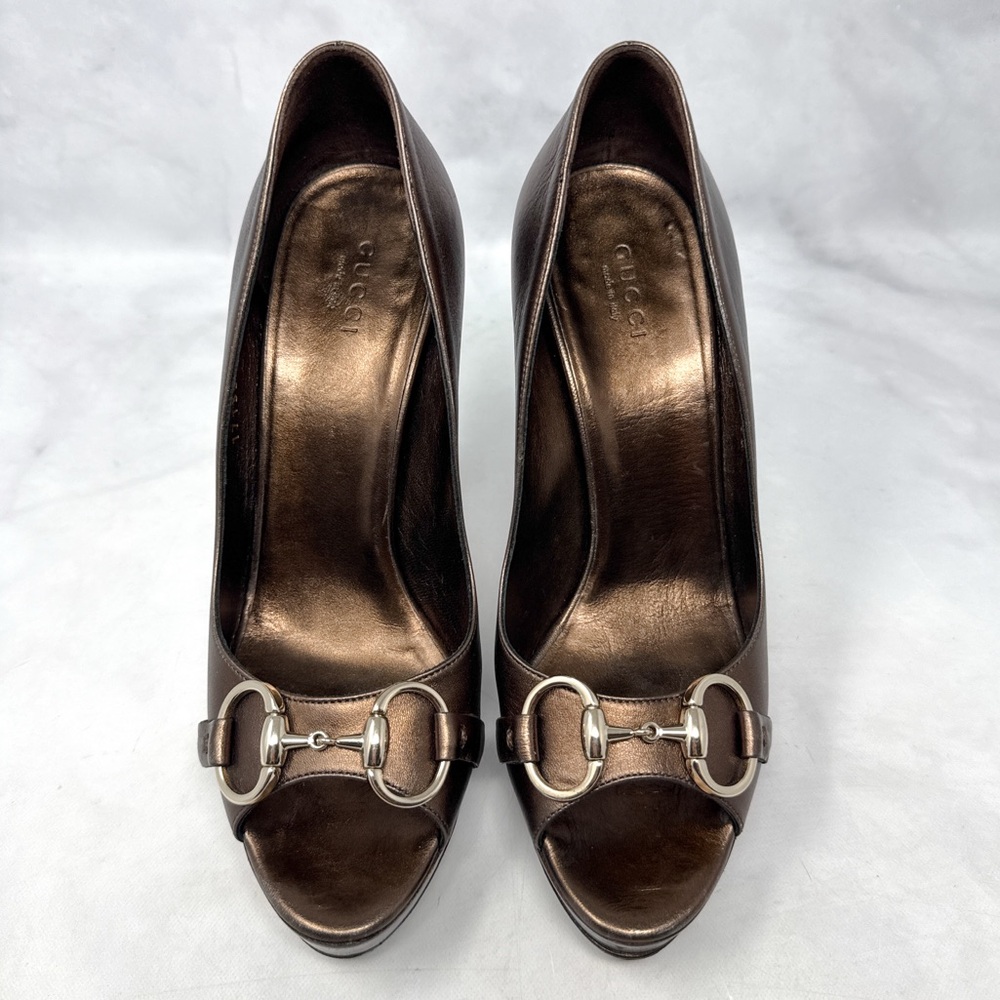 GUCCI Vintage Y2K Hollywood Horsebit Metallic Leather Platform Pump Heels Bronze